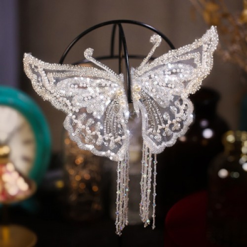 Bride hanfu Wedding Tiara White singer host stage performance butterfly hair accessories Angel Fairy Wings Clip Fringe Butterfly Crystal headdress